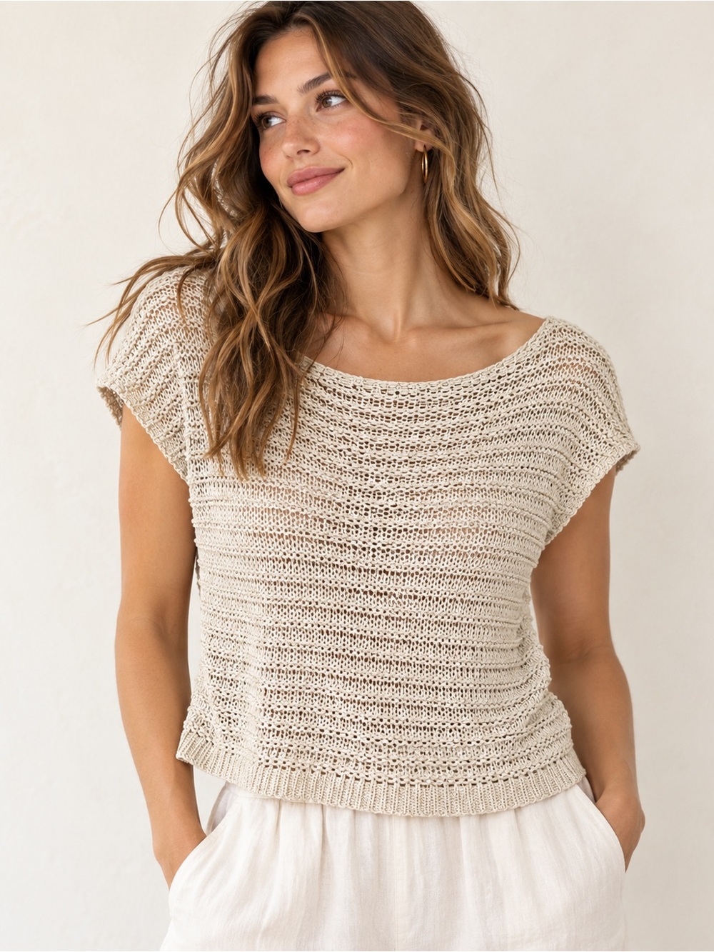 PrettyLittleThing Cream Open-Knit Short Sleeve Sweater